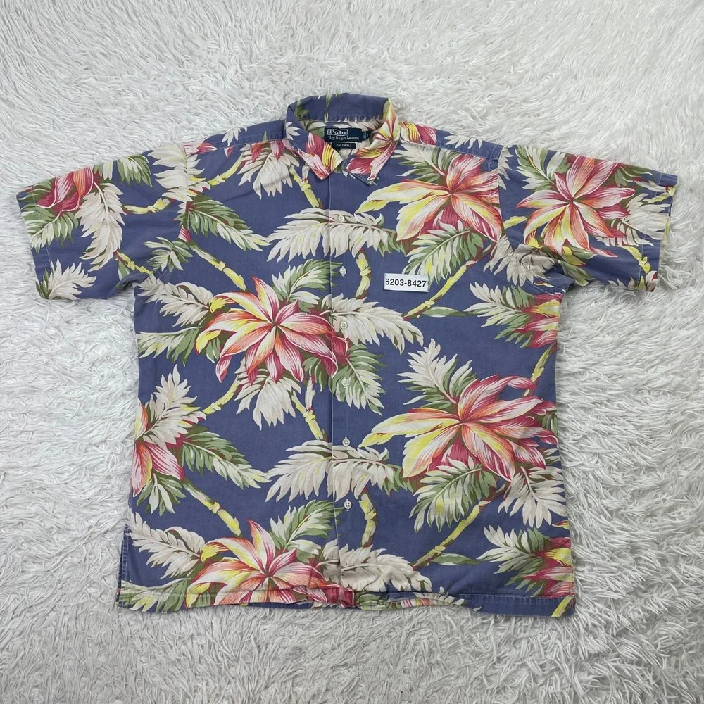 VTG Polo‎ Ralph Lauren Shirt Mens Large Blue Hawaiian Calwell Button Up Floral L